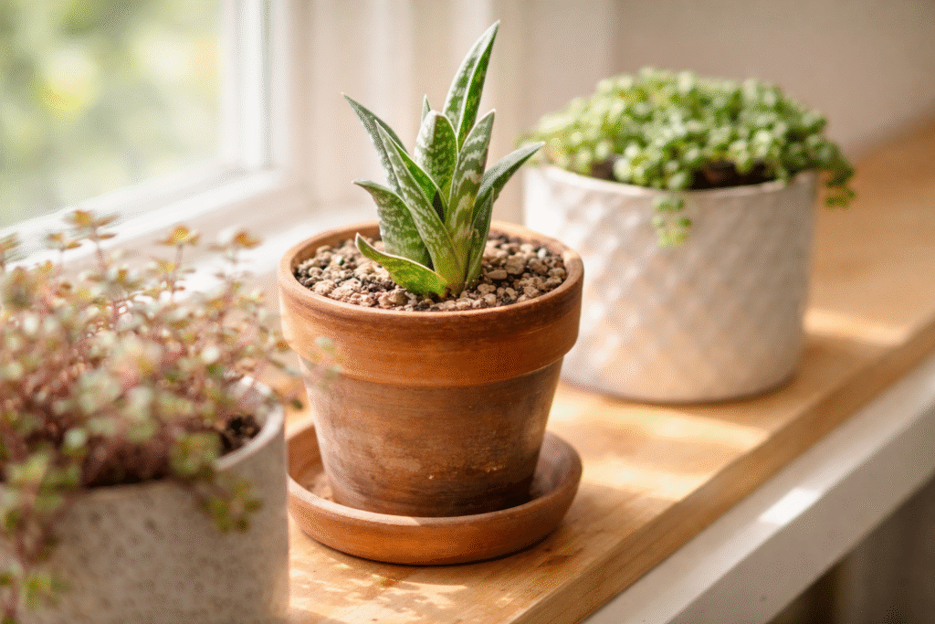 Healthy indoor succulent plant in a terracotta pot on a sunlit windowsill, ideal for beginner houseplant care