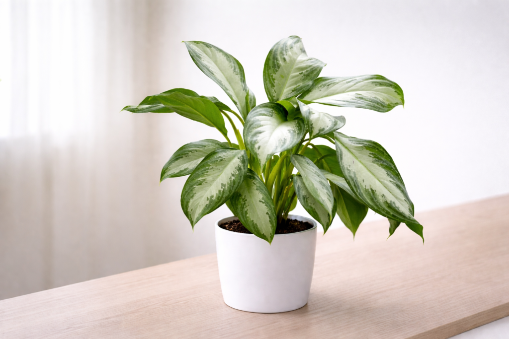 Chinese evergreen plant with variegated green leaves in a white pot on a wooden table indoors