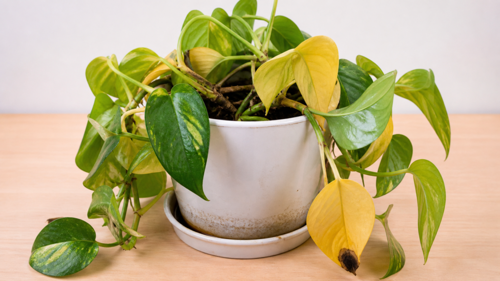 Pothos plant with multiple yellowing leaves in a pot, showing signs of overwatering and poor drainage