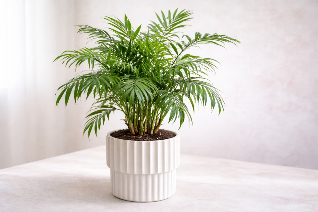 Parlor palm with feathery green fronds in a white pot placed on a table indoors