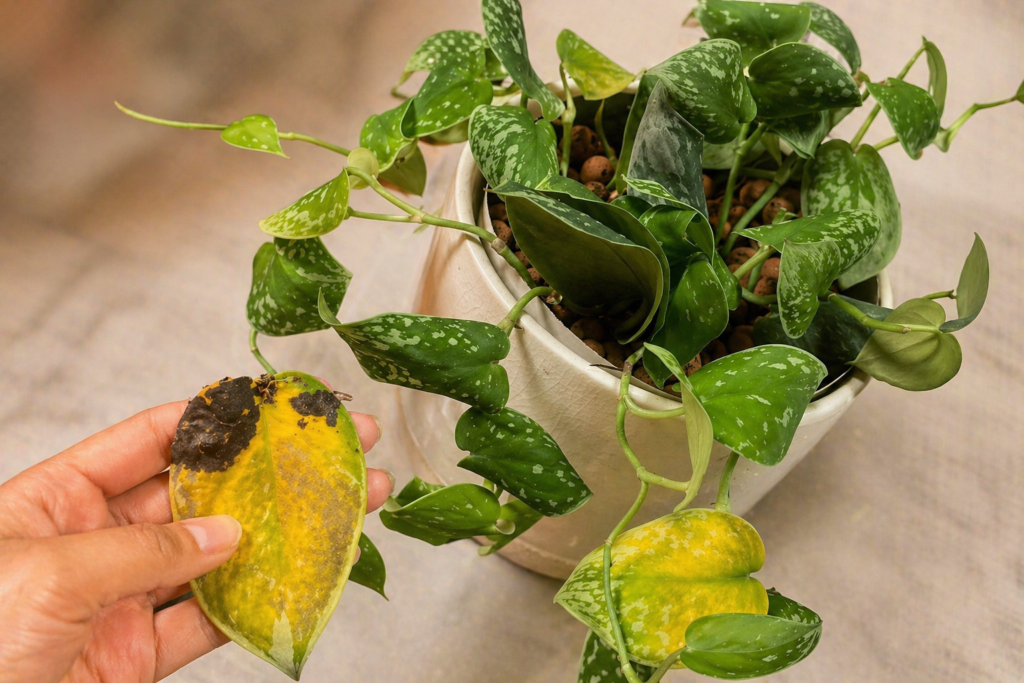 Close-up of pothos plant with a yellowing leaf showing dark brown damage, indicating common plant stress issues