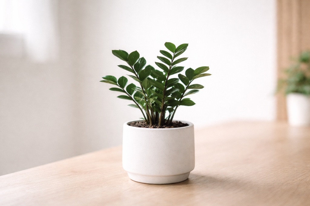ZZ plant in a white pot placed on a wooden table with soft natural indoor light