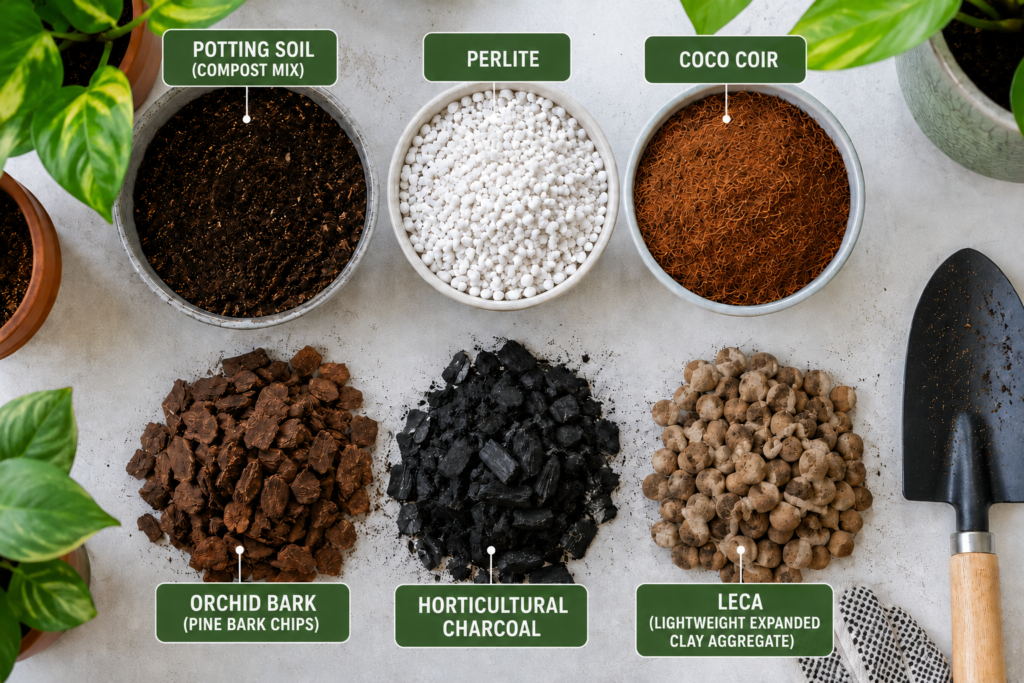 Common indoor plant soil ingredients including perlite, coco coir, bark, charcoal, and clay pebbles arranged on a table for DIY potting mix preparation
