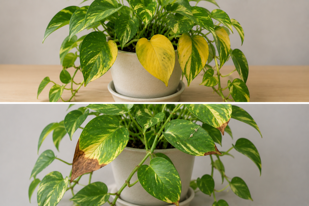Pothos plant showing yellow leaves and brown leaf tips caused by common indoor plant care problems