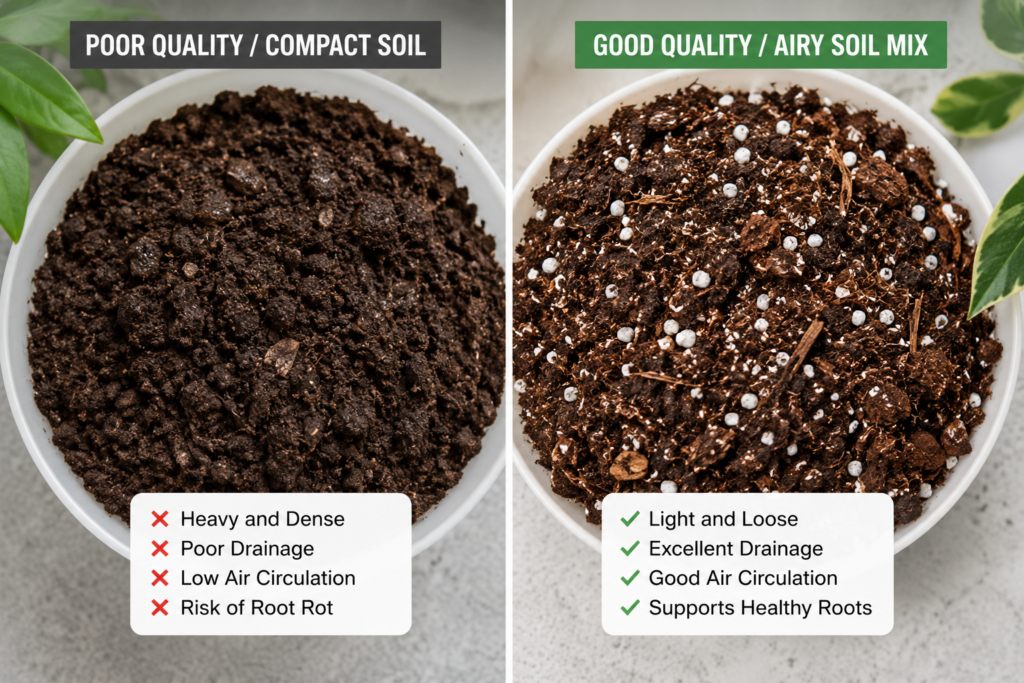 Side-by-side comparison of compact indoor plant soil and airy well-draining potting mix showing differences in drainage, airflow, and root health support