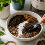 Best soil mix for indoor plants with perlite, bark, and clay pebbles beside healthy houseplants indoors
