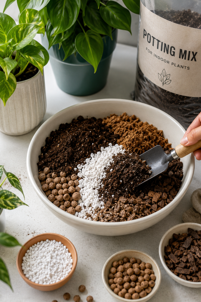 Best soil mix for indoor plants with perlite, bark, and clay pebbles beside healthy houseplants indoors