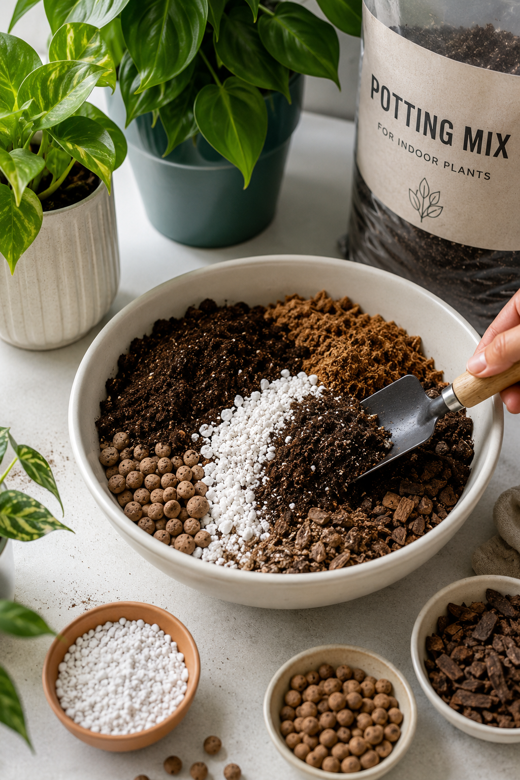 Best soil mix for indoor plants with perlite, bark, and clay pebbles beside healthy houseplants indoors