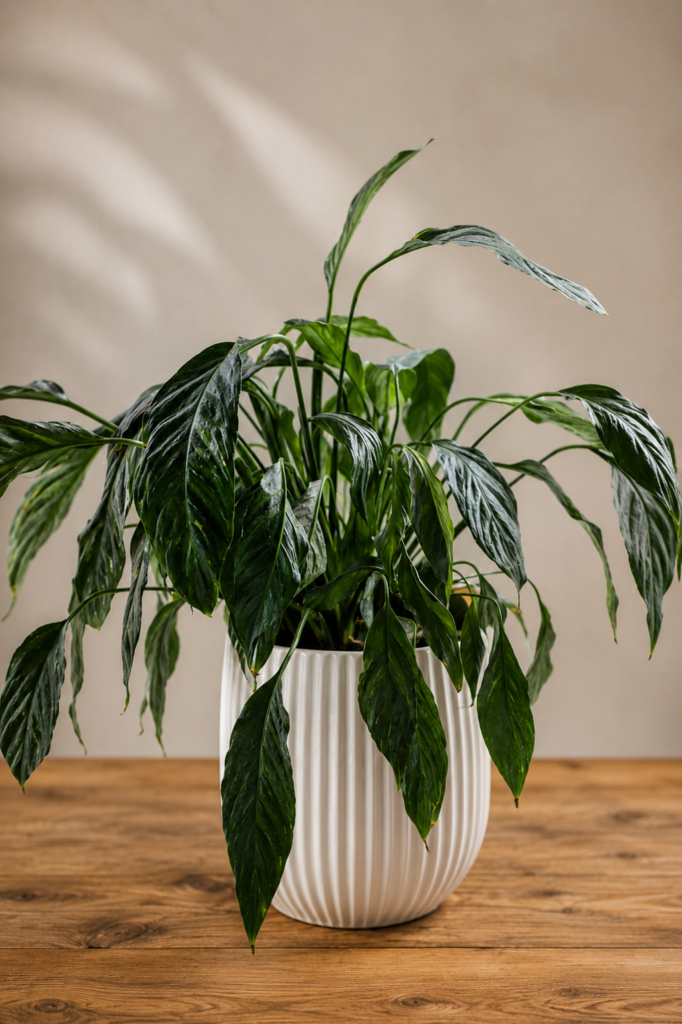 Peace Lily Drooping Even After Watering with limp leaves in a white pot placed on a wooden table indoors