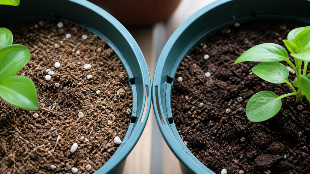 Side-by-side comparison of dry soil and overly wet soil in plant pots showing common watering mistakes.