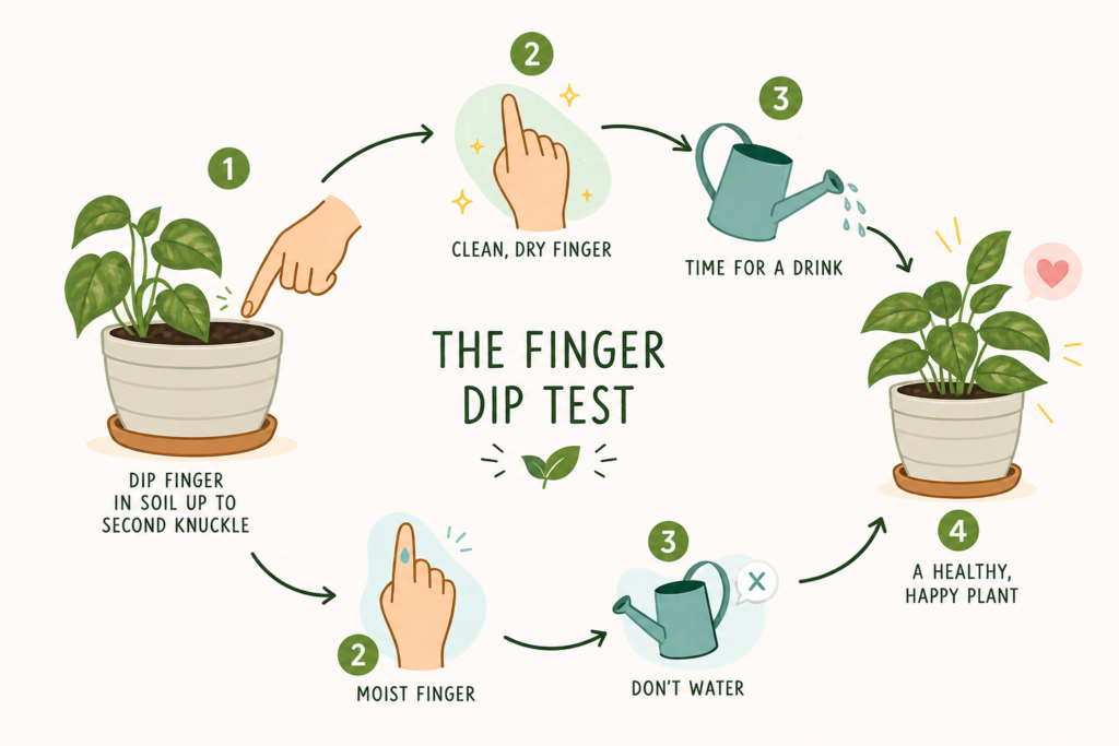 Illustration showing finger dip test method to check soil moisture and determine when to water a pothos plant.