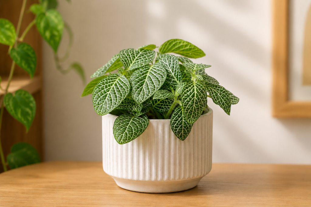 Fittonia nerve plant with white veined leaves in a ceramic pot placed indoors on a wooden table.
