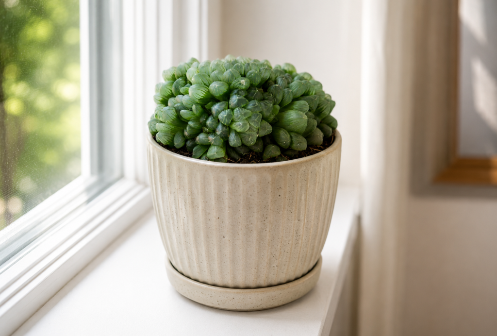 Small Haworthia succulent in a ceramic pot placed on a bright indoor windowsill.