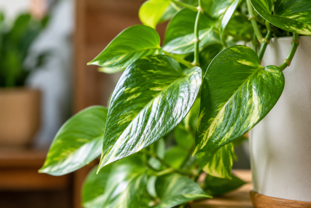 Close-up of healthy golden pothos leaves with green and yellow variegation indoors.
