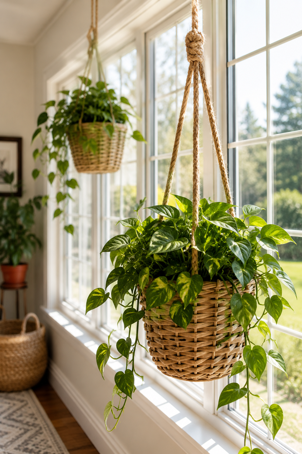pothos plant care guide: Lush green pothos plant growing in a hanging basket near a bright indoor window.