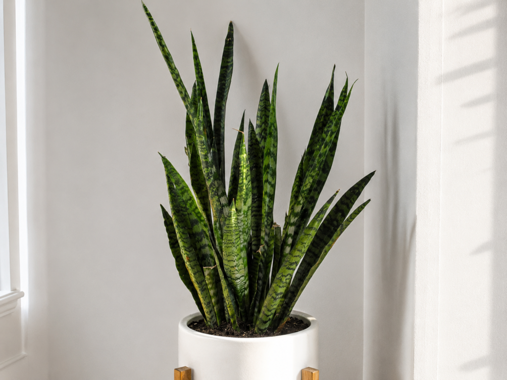 Healthy snake plant with strong upright leaves placed in bright indoor light near a window.