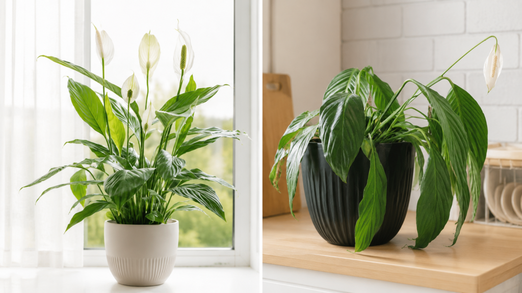 Comparison of a healthy peace lily and a drooping peace lily indoors showing differences in leaf posture and plant health