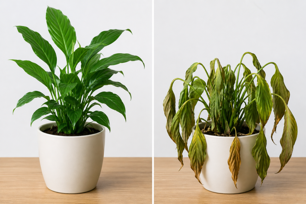 Side-by-side comparison of a healthy green indoor plant and a wilted yellowing plant showing signs of improper watering.