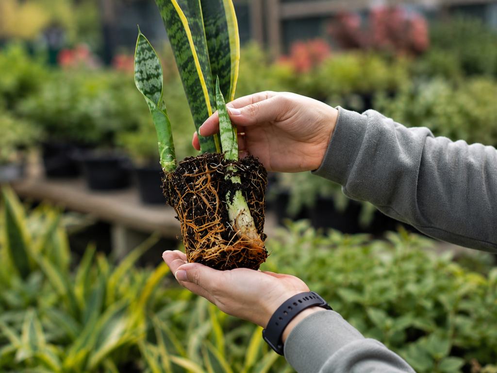 Hands holding a snake plant with exposed roots during repotting and recovery from falling leaves.