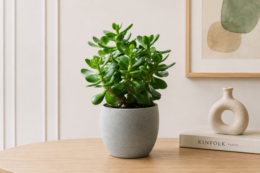 Healthy jade plant in a gray pot placed on a wooden table in a modern apartment interior.
