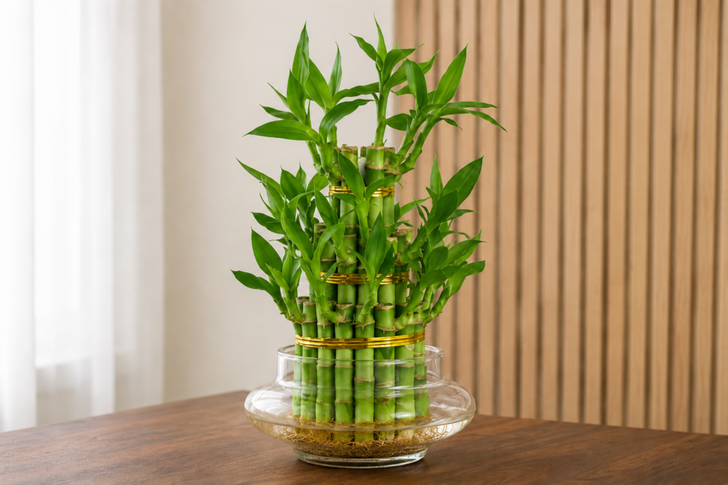 Lucky bamboo arranged in a glass container with water placed on a wooden table indoors.
