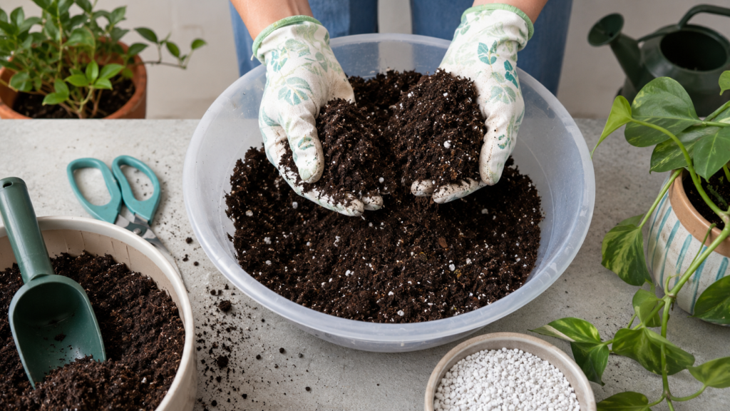 Hands mixing DIY indoor plant soil with perlite and organic materials in a large container for healthy houseplants