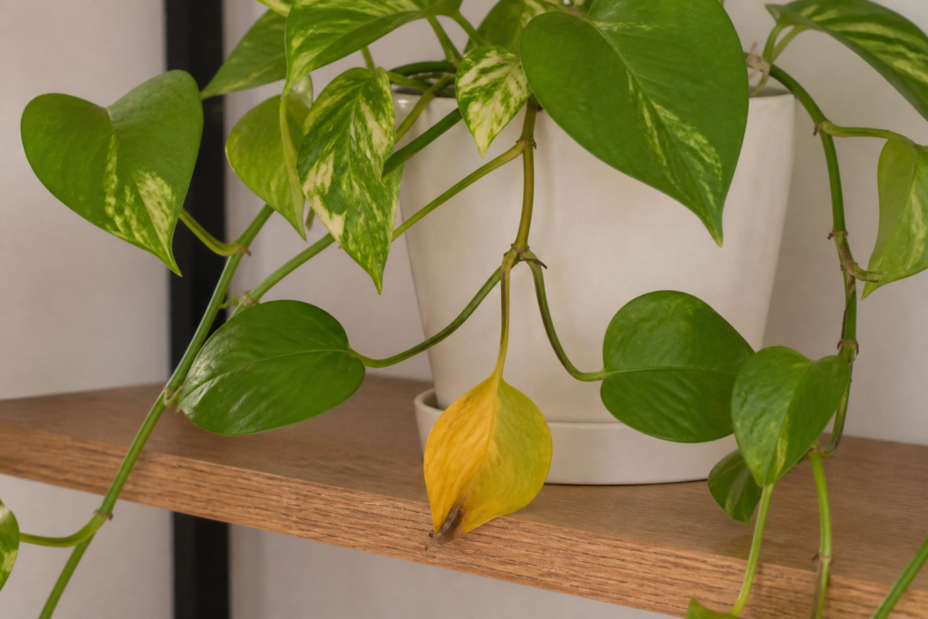 Pothos plant with one older yellow leaf among healthy green leaves, showing natural leaf aging process.
