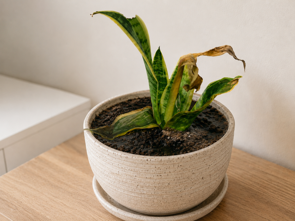 Snake plant with collapsed leaves and soggy soil showing signs of overwatering and root rot.