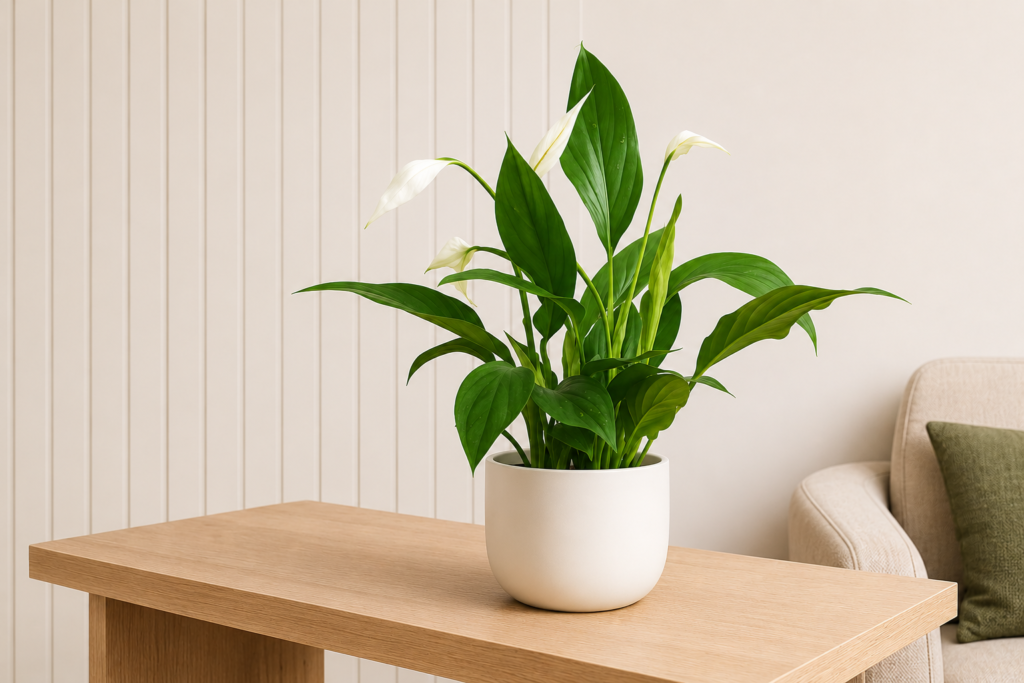 Healthy peace lily with white flowers in a ceramic pot placed on a wooden table indoors.