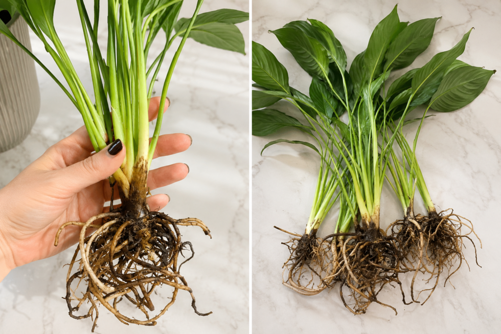 Close-up of peace lily roots showing signs of root rot with dark damaged roots and drooping plant stems indoors