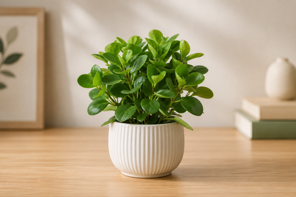 Compact peperomia plant with glossy green leaves in a white ceramic pot placed indoors on a wooden table