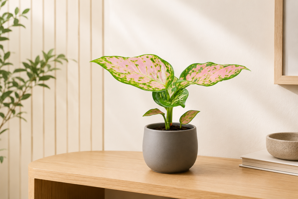 Pink Chinese evergreen plant in a gray pot placed on a wooden table indoors.