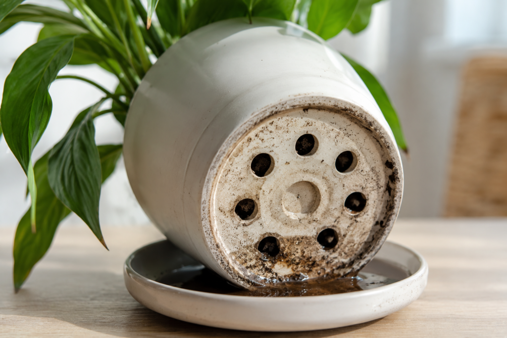 Peace lily pot with excess water trapped in the saucer showing poor drainage and overwatering risk indoors