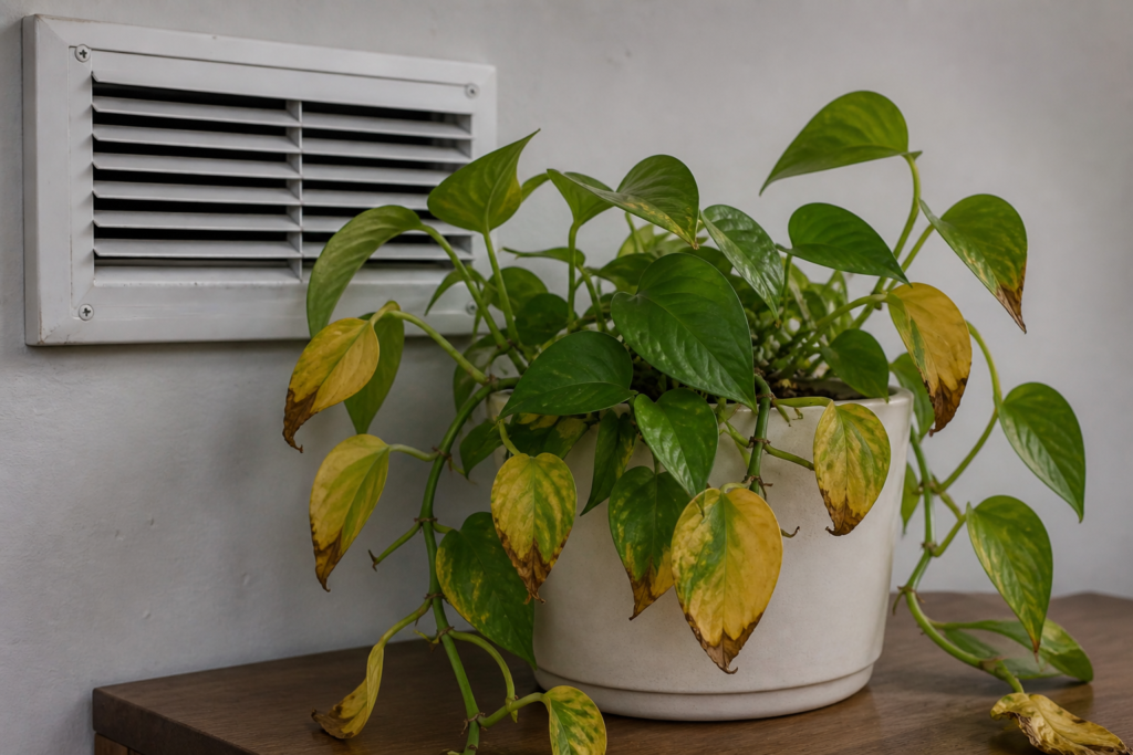 Pothos plant with yellowing leaves and brown edges placed near an air vent, showing signs of temperature stress.