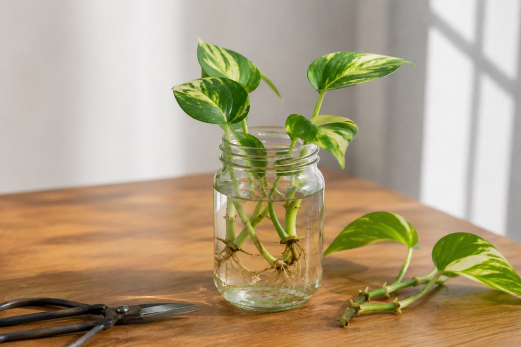 Pothos stem cuttings growing roots in a glass jar of water on a wooden table.