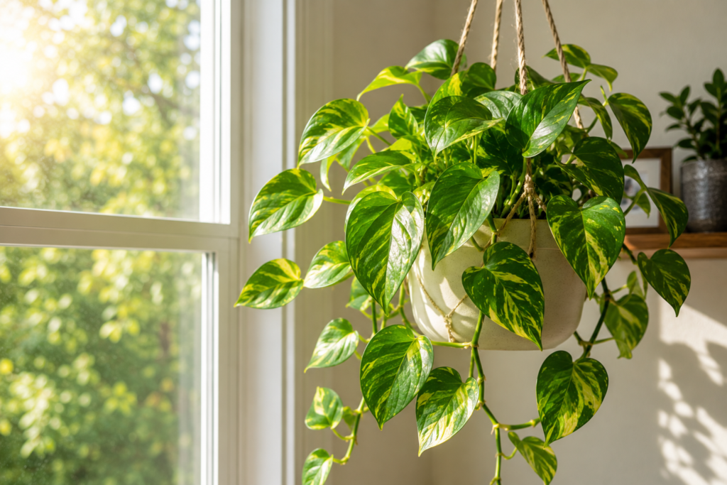 Healthy golden pothos hanging near a bright window with indirect indoor sunlight.