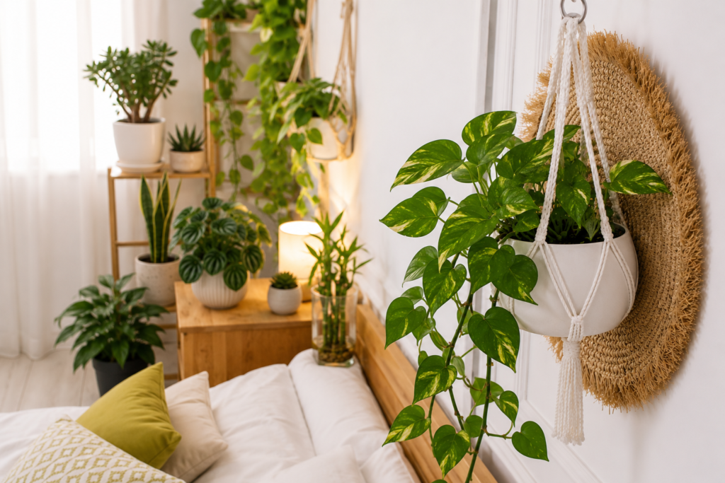 Golden pothos growing in a hanging planter inside a cozy apartment room with other indoor plants