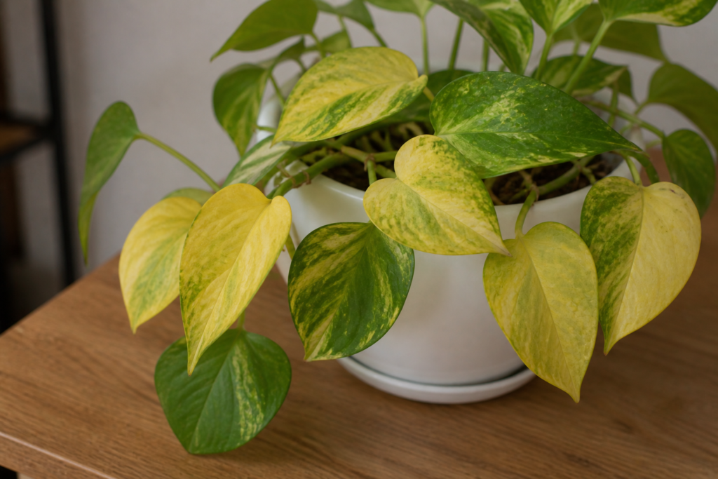 Pothos plant with pale yellow leaves and green veins, indicating possible nutrient deficiency or chlorosis.