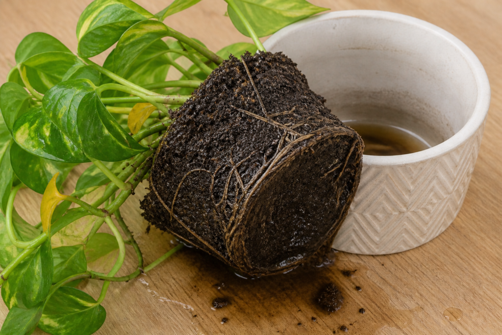 Pothos plant with soggy, waterlogged root ball and standing water in pot, showing poor drainage conditions