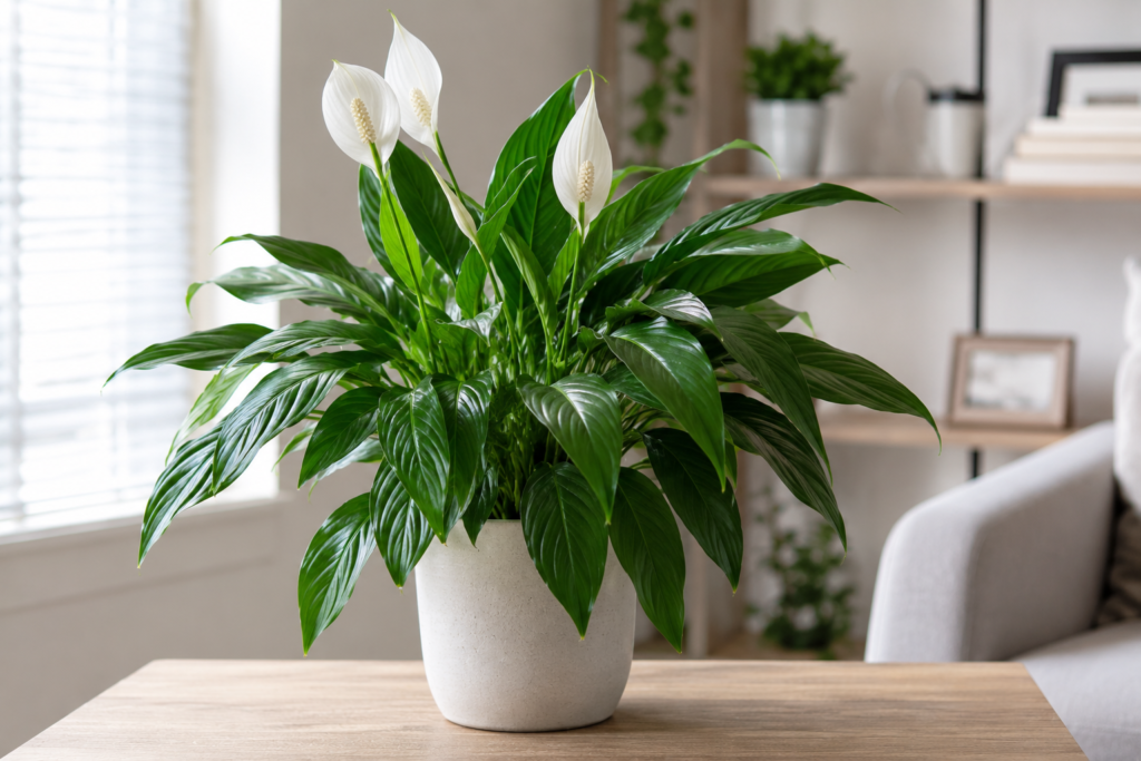 Healthy recovered peace lily with white flowers in a ceramic pot placed indoors near natural light