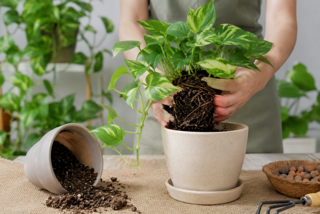 Person repotting a healthy pothos plant into fresh potting soil in a ceramic pot.