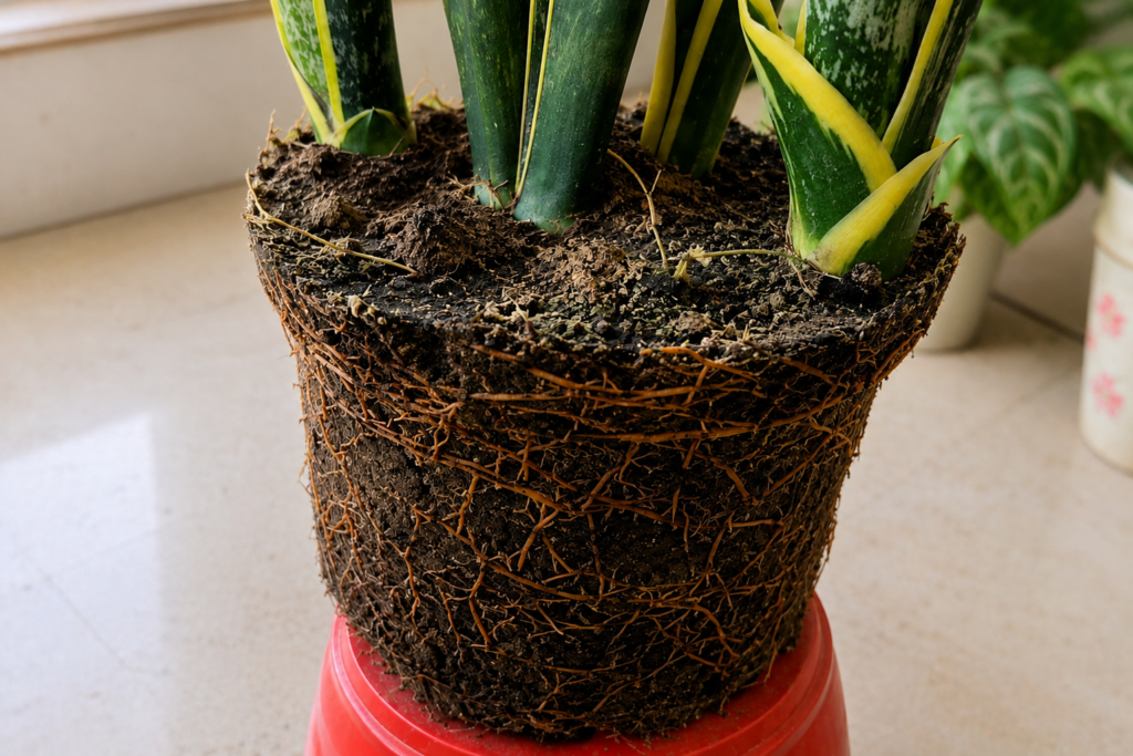 Close-up of a root bound snake plant with dense circling roots exposed outside the soil.