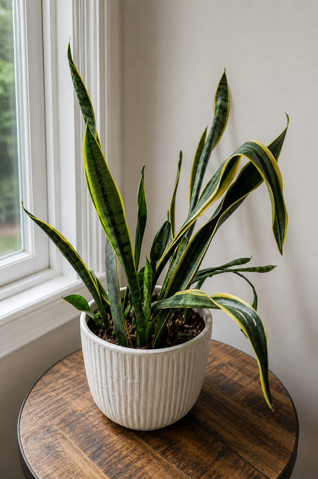 Snake plant with several bent and drooping leaves in a white pot near a window.