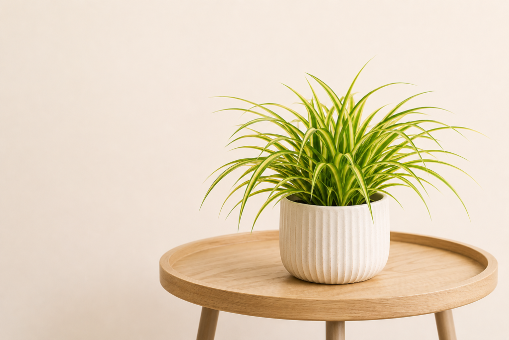 Healthy spider plant in a white ceramic pot placed on a wooden table indoors.