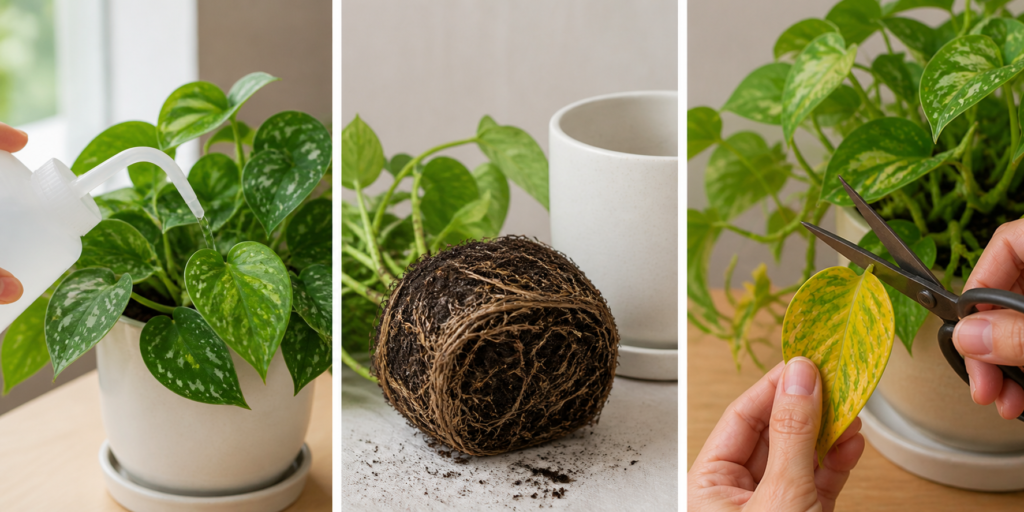 Three-step pothos care process showing watering, checking roots and trimming yellow leaves to fix plant health issues.