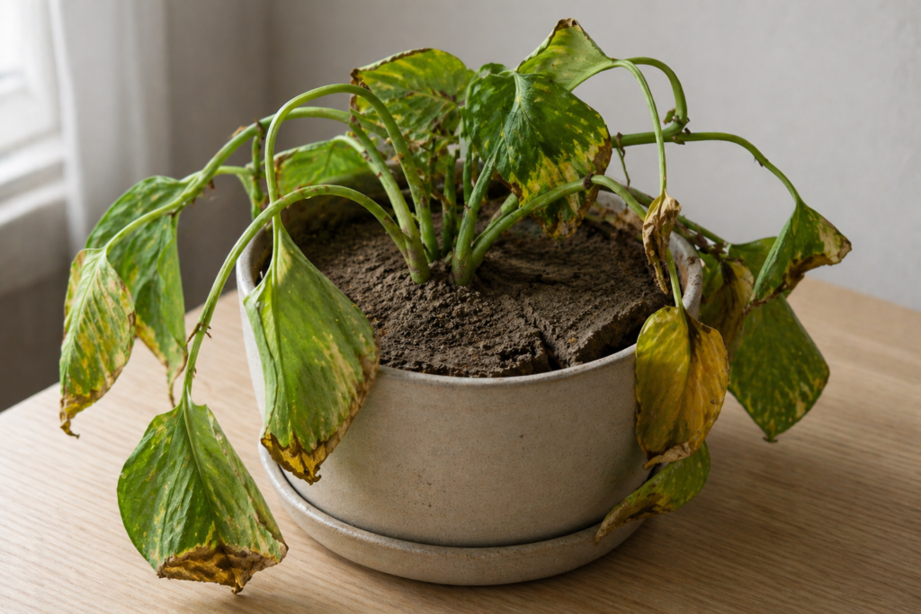 Pothos plant with drooping leaves and dry, cracked soil, showing clear signs of underwatering and dehydration