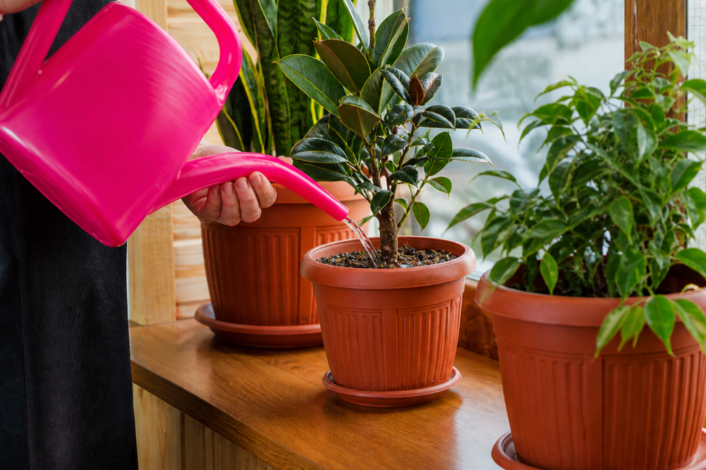 Hand using a watering can to water indoor potted plants, demonstrating proper watering technique.