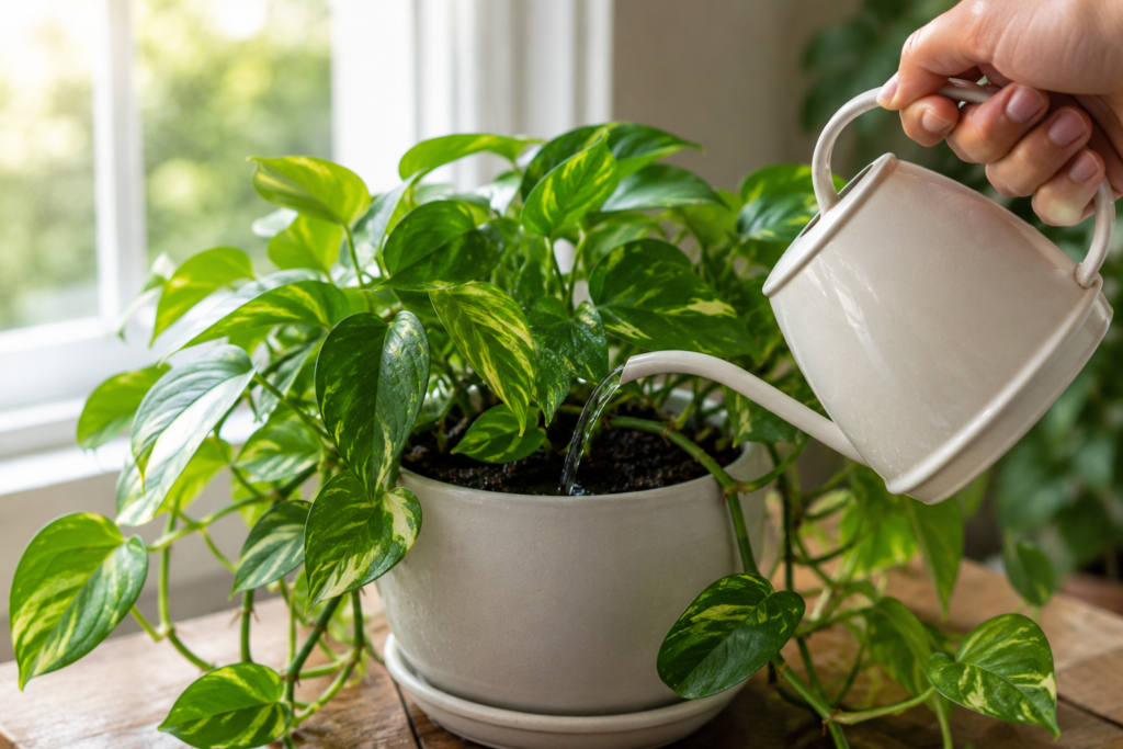 Person watering a healthy golden pothos plant indoors near a bright window.