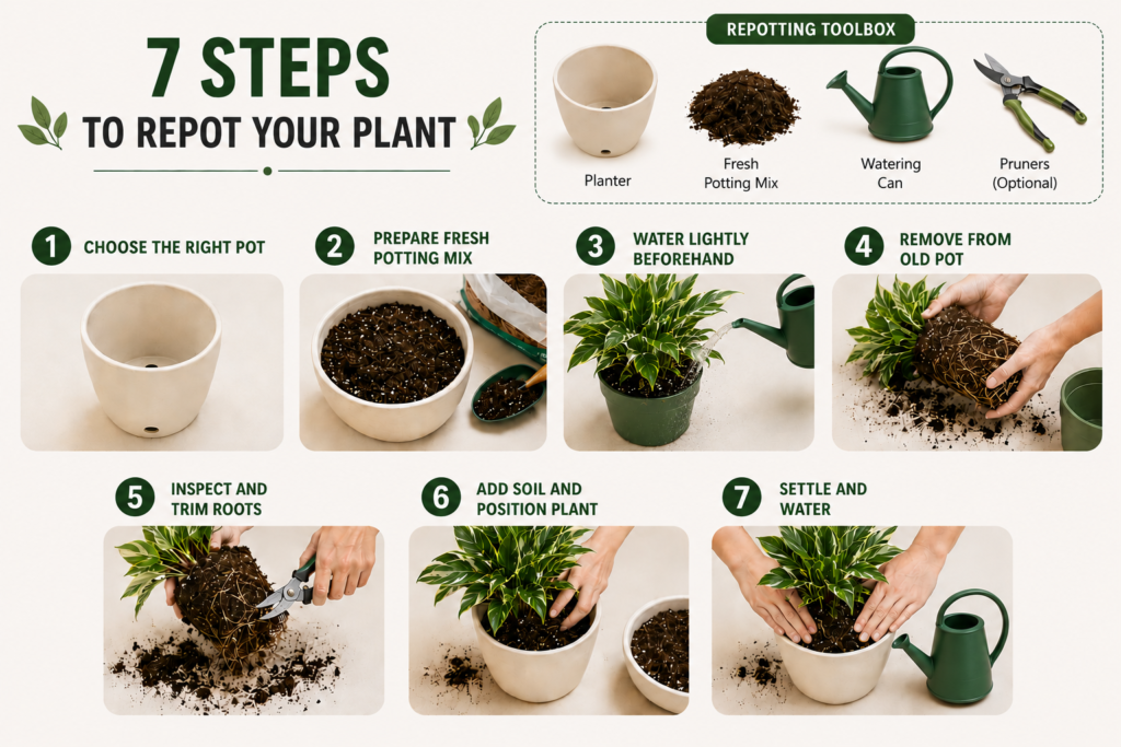 Infographic showing seven steps to repot a houseplant, from choosing a pot and preparing fresh soil to repotting and watering the plant.