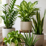 Collection of easy-care best indoor plants for beginners including snake plant, ZZ plant, pothos, aloe vera, and aglaonema arranged in decorative pots indoors.